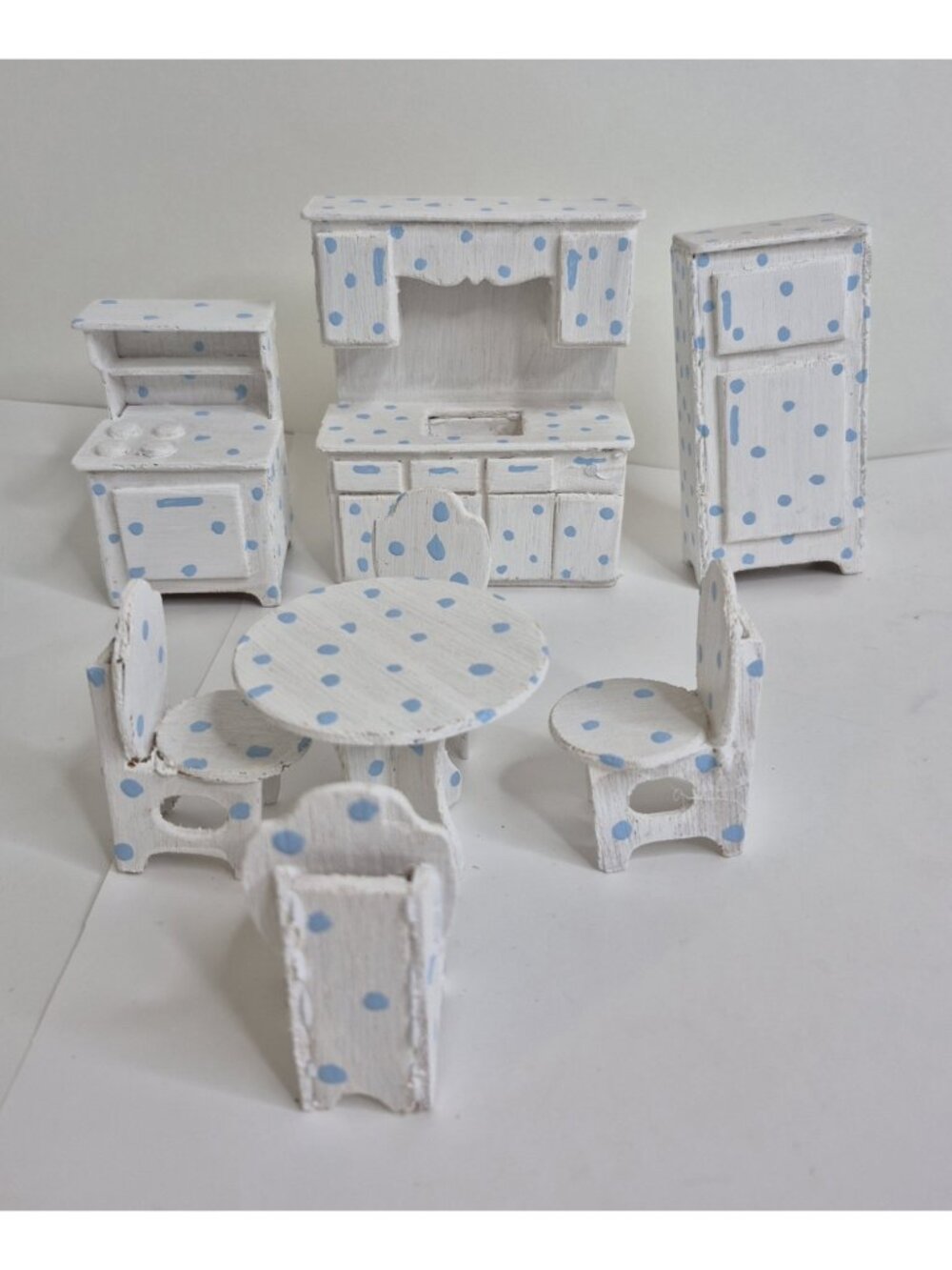Handmade Wood Dollhouse Kitchen Set Sink, Stove, Refrigerator And Table & Chairs